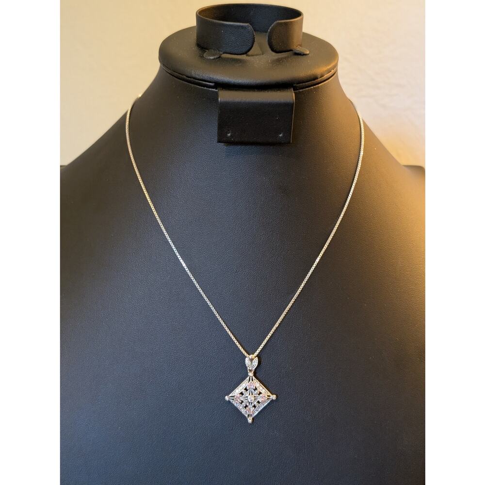 925 Sterling Silver White & Pink CZ Pendant Box Chain 18" Necklace
